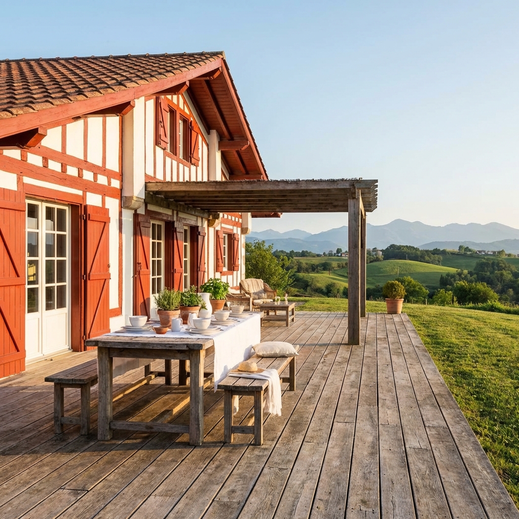 Terrasse bois intégrée à une maison labourdine au Pays Basque